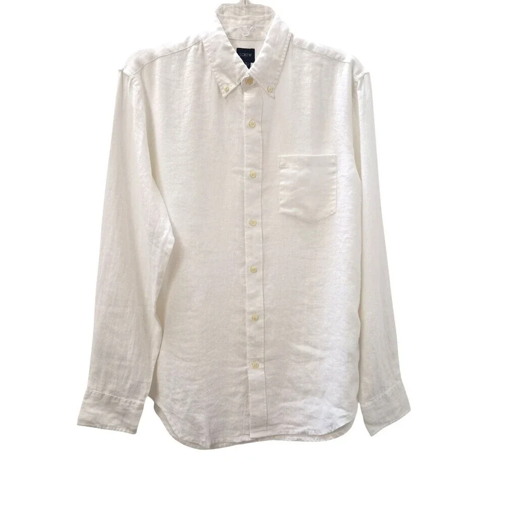 J Crew Factory Mens Medium White Linen Blend Shirt Button Down Long Sleeve